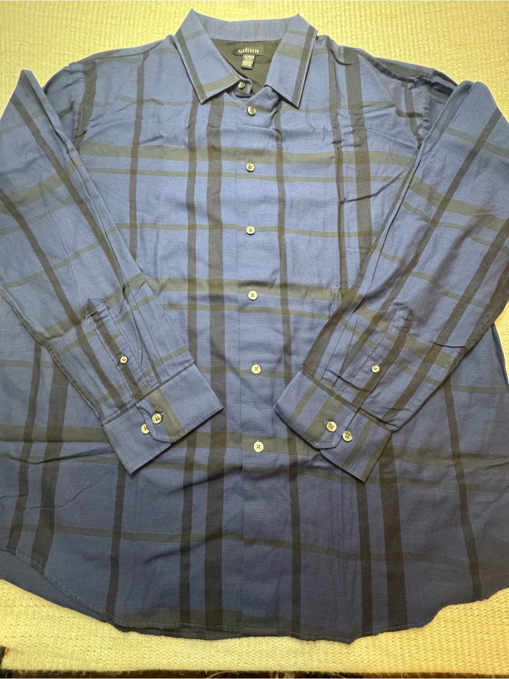 Van Heusen Men's Navy and Black Plaid Button-Down Shirt